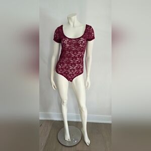 New Tally Weijl Burgundy Lace Floral Sheer Bodysuit Short Sleeve M